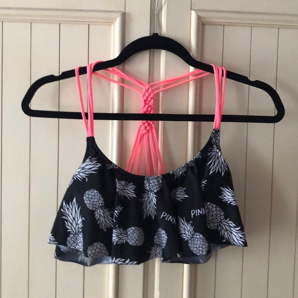 Victoria’s Secret Pink Pineapple print ruffle Strappy Swim Top black pink M